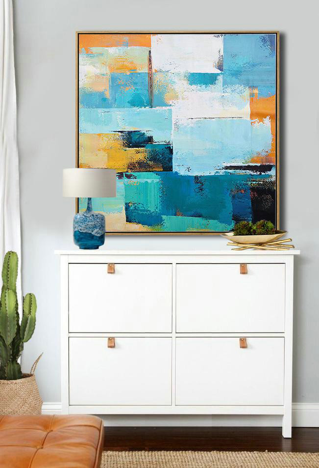 Oversized Palette Knife Painting Contemporary Canvas Art,Navy Blue,Sky Blue,White,Yellow,Black.etc